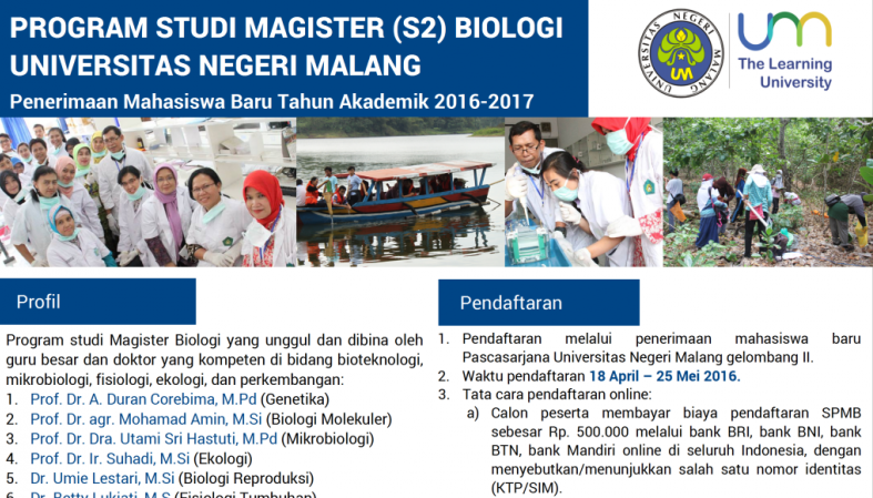 Penerimaan Mahasiswa Baru Program Studi Magister Biologi Tahun 2016/2017